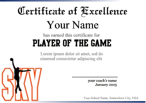 certificate board with basketball player jumping, dunking