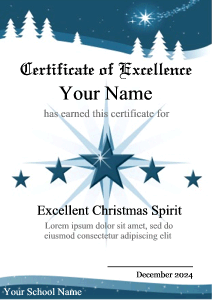 certificate template, winter scene, snow, pine trees, magical