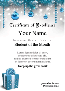 Christmas present, ornaments, decorations, certificate template