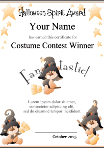 Halloween award template with cute bears dressed up for trick-or-treat