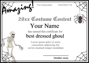 certificate template with spider web border, skeleton, black and white design