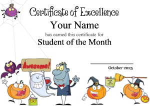 certificate template with a vampire, a ghost, pumpkins and spiders