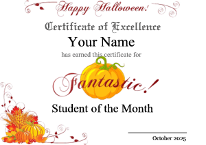 certificate border with pumpkin, fall harvest, fall leaves