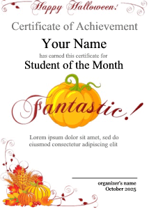 certificate with fall leaves, pumpkin, happy halloween banner