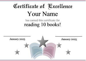 simple certificate border, open book, stars, blue and purple